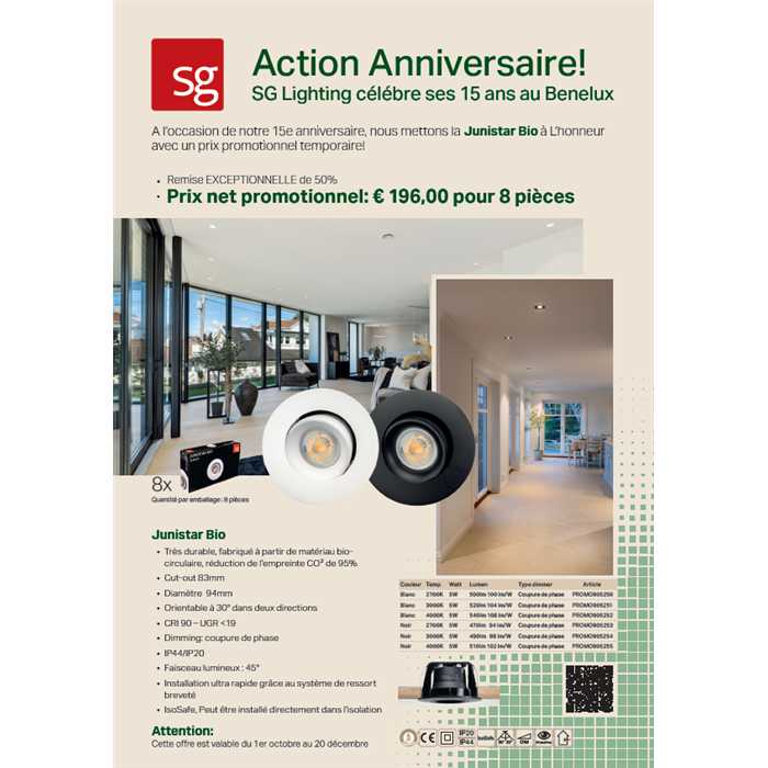 SPOT ENCASTRE LED "JUNISTAR BIO" 5W 930 45° BLANC IP44 DIM (8PC) SPOT ENCASTRE LED "JUNISTAR BIO" 5W 930 45° BLANC IP44 DIM (8PC)
